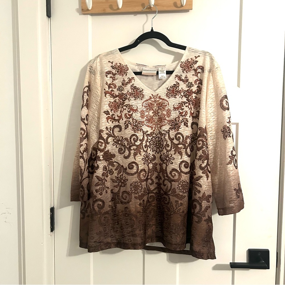 Alfred Dunner Cream and Brown Floral Blouse